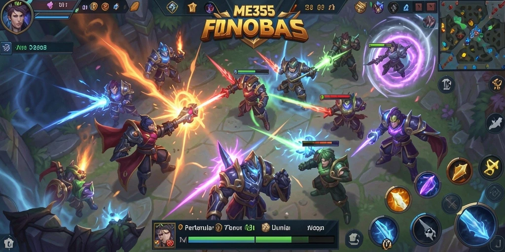 Screenshot utama ME355 menampilkan aksi pertempuran MOBA yang intens.